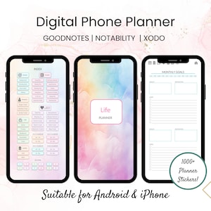 May include: A digital phone planner app mockup with a rainbow watercolour background. The app is designed for Goodnotes, Notability, and Xodo. The app includes an index, monthly goals, and over 1000 planner stickers. The text "Life Planner" is displayed on the app screen. The app is suitable for Android and iPhone.
