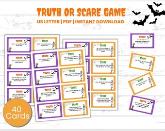 Puede incluir: Un juego temático de Halloween con tarjetas con las etiquetas "Verdad" y "Miedo". Las tarjetas son moradas y naranjas con gráficos y texto de Halloween. El juego incluye 40 tarjetas y está disponible para descarga instantánea.