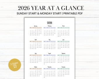 2026 Year At A Glance Calendar, Printable PDF, A4 & US Letter