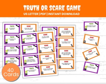 Puede incluir: Un juego de Halloween de Verdad o Miedo con 40 cartas. Las cartas son moradas y naranjas con murciélagos negros, lápidas y cuervos. El texto incluye indicaciones de "Verdad" y "Miedo" para un juego de fiesta.