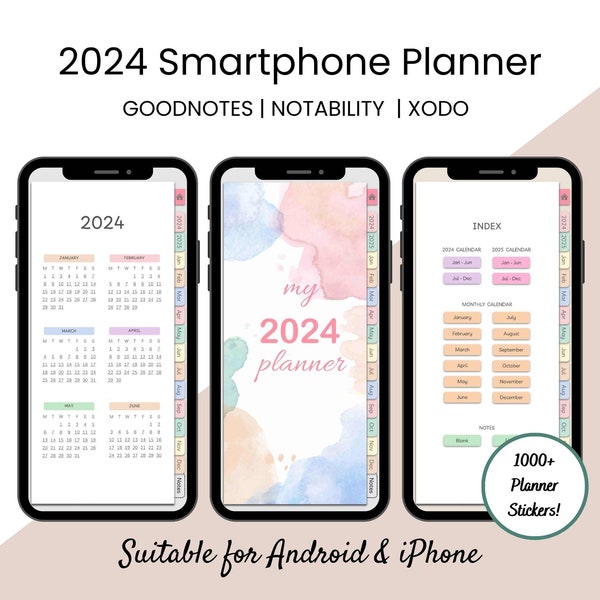 2024 Mobile, Cell Phone & Smartphone Watercolor Digital Planner for Monthly, Daily Plan Hyperlinked for Android, iPhone Pastel Watercolor