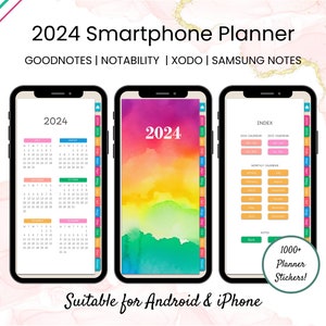 2024 Mobile, Cell Phone & Smartphone Colorful Digital Planner for Monthly, Daily Plan Hyperlinked for Goodnotes, Samsung Notes, Notability