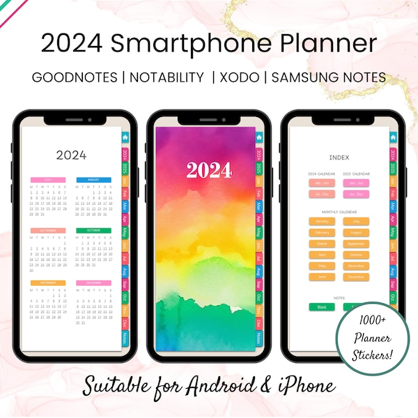 2024 Mobile, Cell Phone & Smartphone Colorful Digital Planner for Monthly, Daily Plan Hyperlinked for Goodnotes, Samsung Notes, Notability