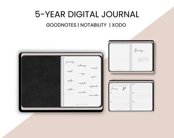 Five Year Daily Digital Journal, One Line A Day Journal, 365 Day Diary, Hyperlinked PDF, Daily Memory Gratitude Journal in Light & Dark Mode