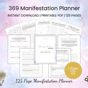 Peut inclure: Un planificateur de manifestation de 125 pages avec le texte "369 Manifestation Planner" et "Téléchargement instantané | PDF imprimable". Le planificateur comprend des pages pour la tenue d'un journal, la définition d'objectifs et la visualisation de vos revenus. Le planificateur est disponible en tailles USL et A4.