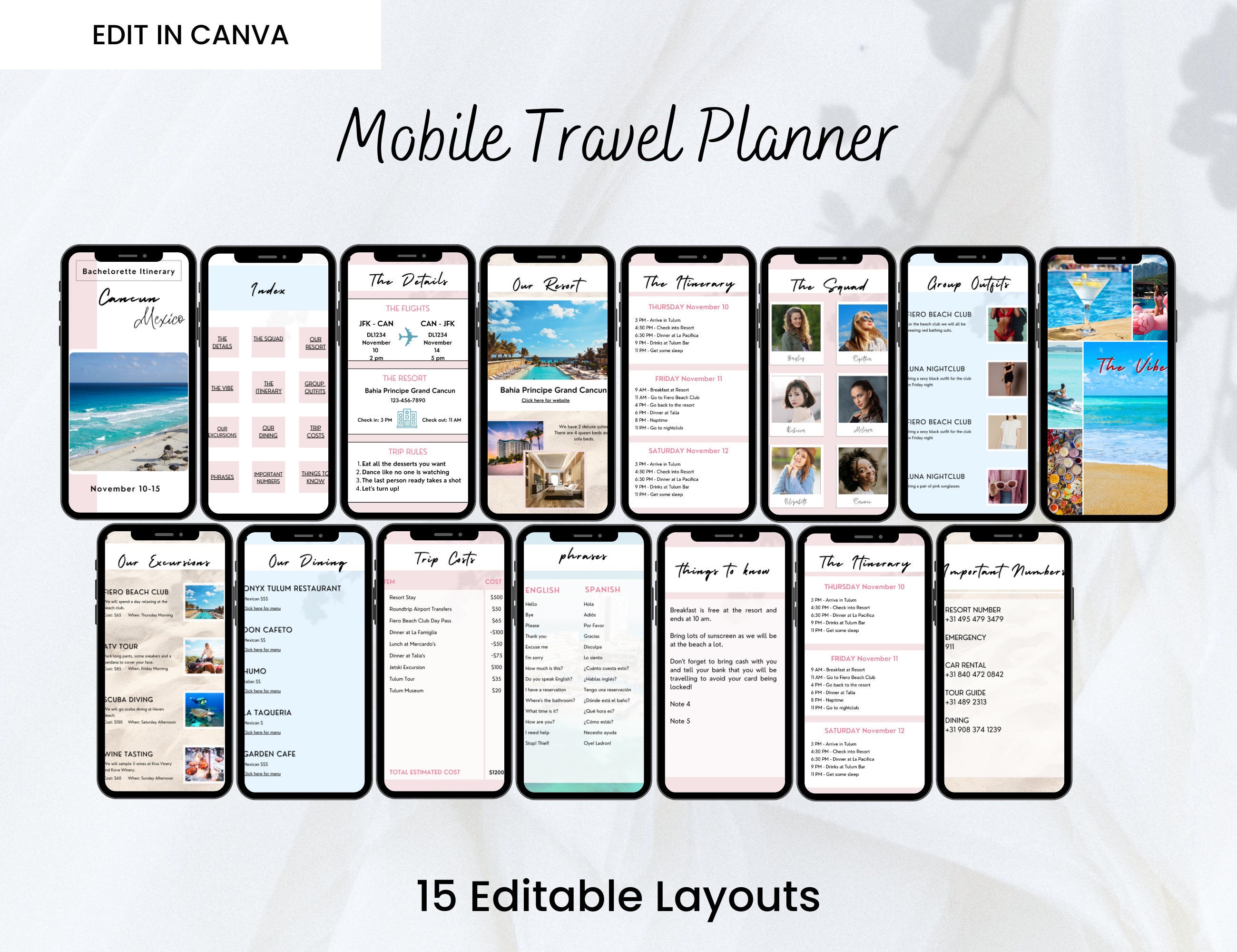 Mobile Travel Itinerary Editable Template | Travel Guide Editable in ...