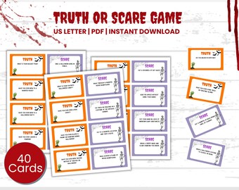 Puede incluir: Un juego de Truth or Scare con 40 tarjetas imprimibles en hojas tamaño carta. Las tarjetas tienen bordes naranjas para Truth y morados para Scare, decoradas con ilustraciones de murciélagos, telarañas y esqueletos sobre papel blanco.