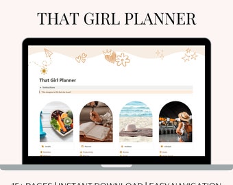May include: A laptop displaying a digital planner titled "That Girl Planner." The screen shows a layout with sections for health, planner, hobbies, and lifestyle. The text "NOTION TEMPLATE" and "15+ PAGES | INSTANT DOWNLOAD | EASY NAVIGATION" are also visible.
