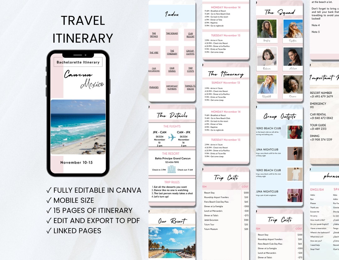 Mobile Travel Itinerary Editable Template | Travel Guide Editable in ...