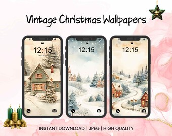 Sfondo per iPhone Sfondo per cellulare Android / Sfondo digitale per smartphone / Sfondi mobili natalizi vintage / Acquerello invernale