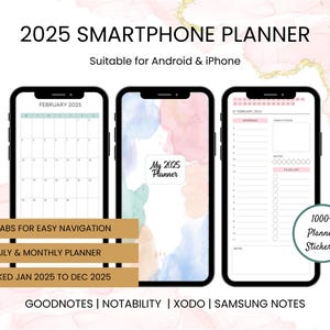 2025 Smartphone Planner, Mobile, Cell Phone Watercolor Digital Monthly Daily Planner, Fully Hyperlinked for Android, iPhone, Samsung Notes