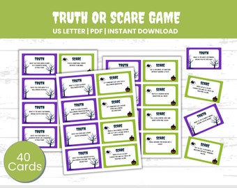 Puede incluir: Un juego de Halloween de Verdad o Miedo con 40 cartas. Las cartas tienen bordes morados y verdes, con preguntas e indicaciones. El juego incluye el texto "Truth or Scare Game" y está disponible para descarga instantánea.