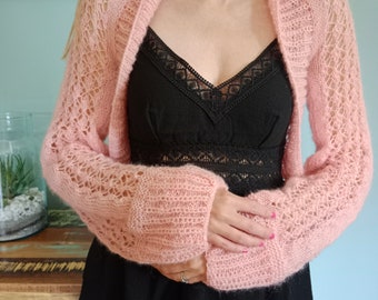 Knitted pink cardigan, woman pink shrug, bolero cardigan  pattern, wedding, long sleeve cardigan, easy to knit, tutorial