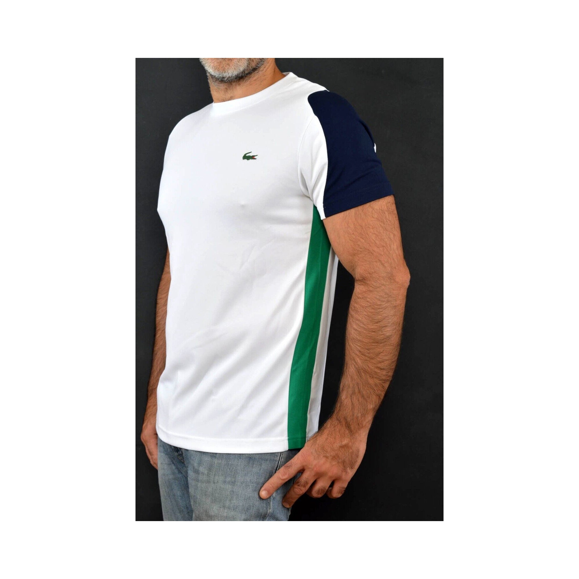 White T-Shirt AUTH Sport Etikett Crew Crocodile T-Shirt mit Dry Lacoste Ultra Neck Big Neu Navy