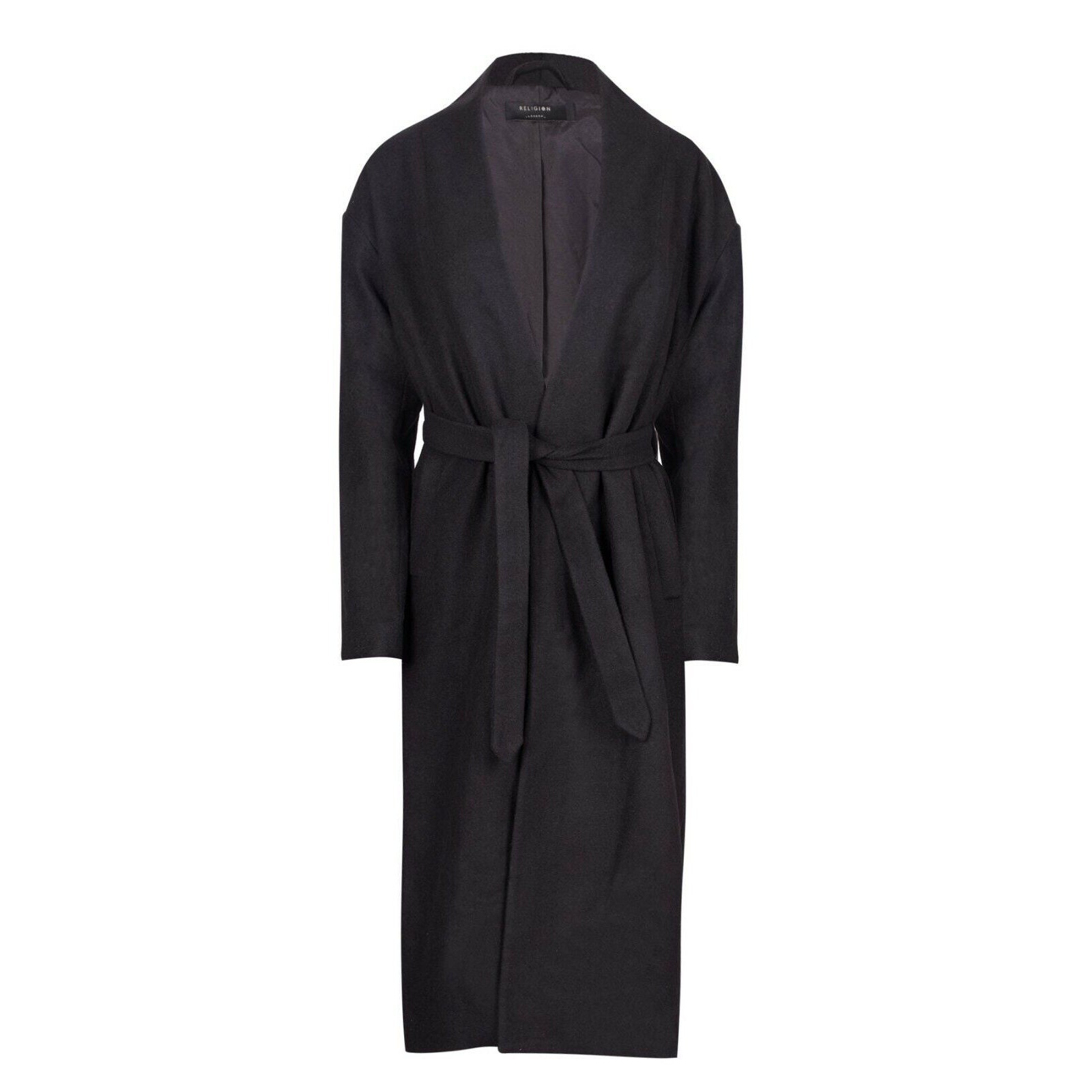 Religion Spirit Coat Jet Black Belted Dropped-shoulder Long Jacket