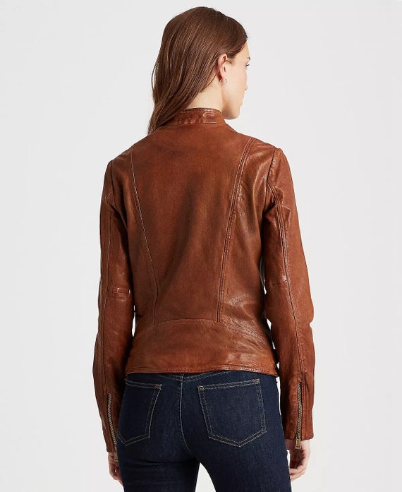 New Ralph Lauren Tumbled Burnished Leather Moto Biker Jacket Dark