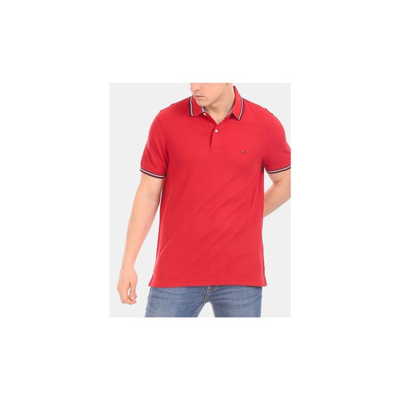 Tommy Hilfiger Men\'s Solid in - Polo Wicking AUTH Etsy Tipped Piping T-shirt Red Finish