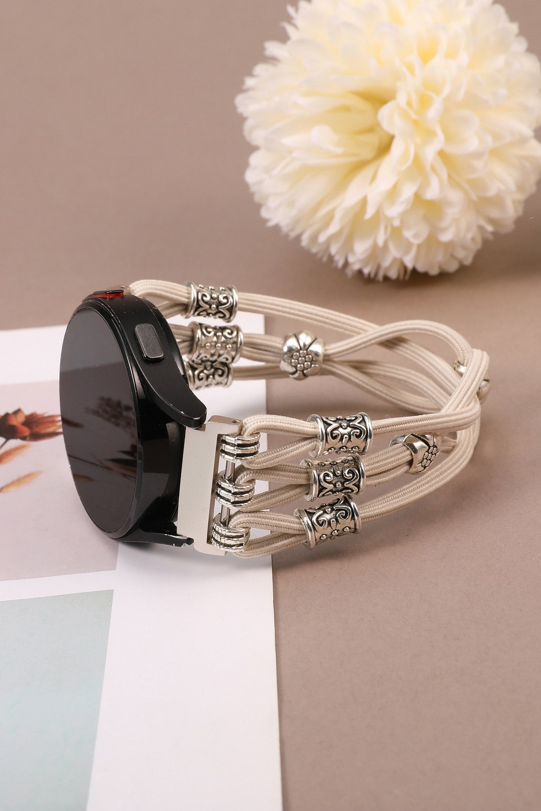 Braided Cross Knot Beaded Watch Bands for Samsung Galaxy Watch 6/5/4 Galaxy 20mm Woven Boho Bracelet for Women Elastic Straps for Active 2