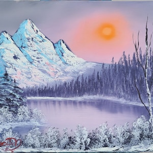 Snowy Winter Mountain Lake Landscape Oil Painting