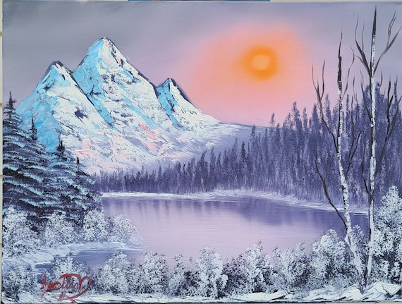 絵画 Winter Mountains Bob Ross style original Winter Snow mountain landscape oil