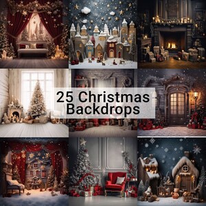 Könnte beinhalten: Eine Sammlung von 25 digitalen Weihnachtshintergründen mit verschiedenen festlichen Szenen, darunter ein Kamin, ein verschneites Dorf, ein Fenster mit einem Weihnachtsbaum und ein roter Vorhang mit einem Weihnachtshaus.