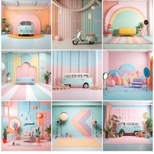 Puede incluir: Un conjunto de nueve fondos coloridos para fotografía que presentan una variedad de temas, incluyendo un fondo a rayas azul pastel y rosa, un fondo a rayas amarillo y azul, un fondo rosa y azul con un arcoíris, un fondo azul y verde con un patrón geométrico, un fondo rosa y azul con una furgoneta vintage, un fondo azul y verde con una scooter, un fondo rosa y azul con una furgoneta vintage, un fondo rosa y azul con una furgoneta vintage y un fondo rosa y azul con una furgoneta vintage.