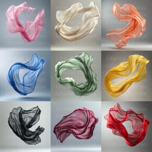 Può includere: Nove sciarpe fluttuanti in vari colori, tra cui rosa, crema, arancione, blu, verde, giallo, nero, bordeaux e rosso. Le sciarpe sono disposte in una griglia, ognuna elegantemente drappeggiata e che sembra fluttuare su uno sfondo neutro.