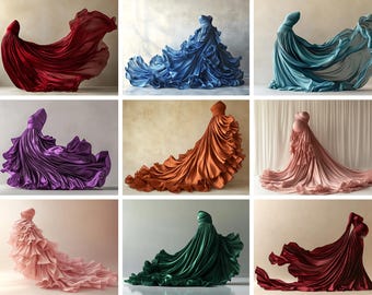 22 elegantes vestidos de maternidad con falda y variedad de tonos fluidos, fondo: cuerpo completo, alta costura, Photoshop, compuesto, estudio, fondo, arte moderno