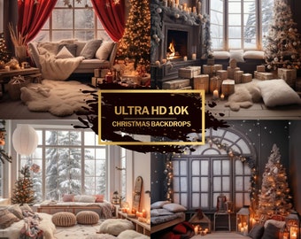 May include: Four different Christmas backdrops featuring cozy living room scenes with fireplaces, Christmas trees, and windows. The backdrops are labeled "Ultra HD 10K Christmas Backdrops".