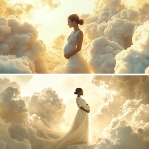 May include: Two images of pregnant people in white gowns, set against a backdrop of fluffy, golden-hued clouds. The gowns have delicate details, and the overall aesthetic is ethereal and serene, evoking a sense of peace and anticipation.