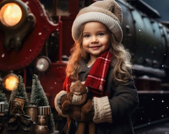 43 Polar Express Christmas Digital Backdrops for Kids Portrait Photography background Composite Snow  Train Winter Village North Pole JPG