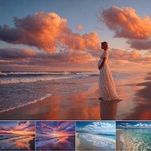 Puede incluir: Una persona con un vestido de encaje blanco está de pie en una playa al atardecer. El cielo está lleno de nubes naranjas y rosas, y las olas del océano ruedan suavemente hacia la orilla. La imagen evoca una sensación de paz y tranquilidad.