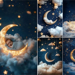 9 Digital Newborn Backdrop, Moon Stars Newborn Digital Background, Newborn Photography, Moon Stars Clouds Backdrop Baby background bundle