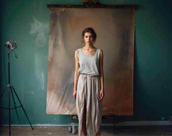 Peut inclure: Une femme se tient devant une grande toile, vêtue d'une robe sans manches gris clair avec une longue jupe. La toile est de couleur brun et orange terne avec des coups de pinceau abstraits.