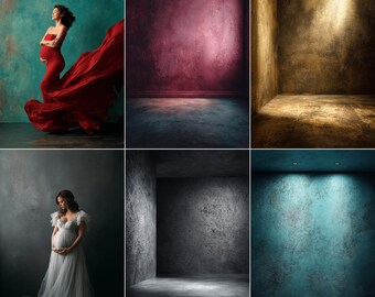 May include: A collage of six images featuring studio backdrops and maternity portraits. The backdrops showcase textured walls in various colors, including teal, burgundy, and gold. Two images feature pregnant people in flowing gowns, one red and one white.