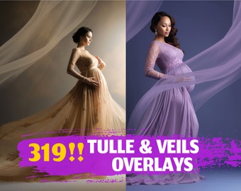 319 Flying Tulle Overlays | Veil Overlays  | Digital Fabric Overlays | Maternity Session | Translucent PNG PSD | Tulle Overlays Photoshop 4K