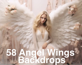 May include: A woman wearing a white dress with angel wings, standing in front of a backdrop of pink flowers and white feathers. The text "58 Angel Wings Backdrops" is at the bottom of the image.