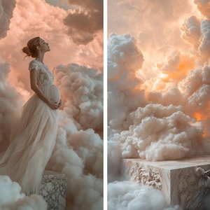 Puede incluir: Una mujer embarazada con un vestido blanco se encuentra de pie en una plataforma en un entorno de nubes. Las nubes son de un suave color rosa y blanco, y el fondo es de un naranja brumoso.