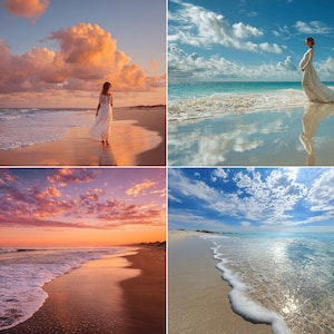 May include: Four scenic beach photographs. The top left shows a person in a white dress walking on the beach at sunset. The top right shows a person in a white dress standing on the beach. The bottom left shows a sunset over the ocean. The bottom right shows the ocean and sky.