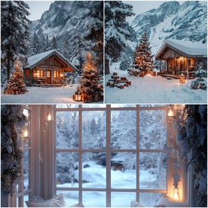 Könnte beinhalten: Winterliche Szene mit schneebedeckter Holzhütte, Weihnachtsbaum und Geschenkpaketen. Das Bild zeigt auch einen Blick durch ein Fenster mit Hängelampen auf einen verschneiten Wald und Berge im Hintergrund.