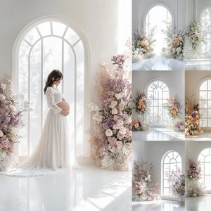 46 Minimal Maternity Floral Arches Digital Backdrops Set, White Backgrounds Studio Photography