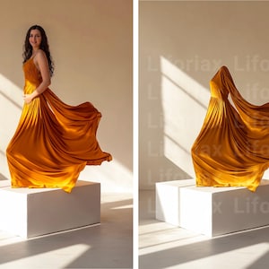 Brown Premium Maternity Portrait: Digital Dress & Photo Art Backdrops of Flowing Flying Gold Beige Fabrics