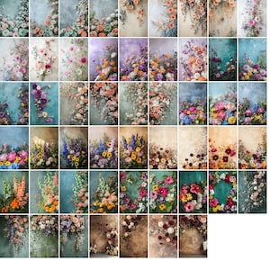 Könnte beinhalten: Eine Sammlung floraler Fotohintergründe mit einer Vielzahl farbenfroher Blumen. Die Hintergründe haben eine Vintage-Ästhetik mit weicher Beleuchtung und einer Reihe von Farben, darunter Rosa, Orange und Blau.