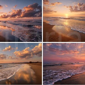 Puede incluir: Imagen de cuatro paneles de una playa al atardecer. El cielo está lleno de nubes naranjas, rosas y amarillas. Las olas del océano rompen suavemente en la orilla arenosa, reflejando los colores del cielo. La escena es pacífica y serena.