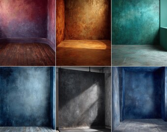 May include: A collection of six studio backdrops with textured walls and floors. The backdrops feature various colors, including shades of blue, green, brown, and gray. Some have wooden floors, while others have concrete or painted surfaces. The lighting creates shadows.