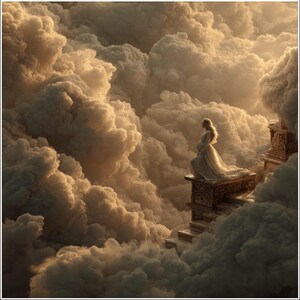 May include: A woman in a white gown sits on a stone structure surrounded by clouds. The scene is illuminated by warm, golden light, creating a dreamlike atmosphere. The stone structure features detailed carvings. The image evokes a sense of serenity.