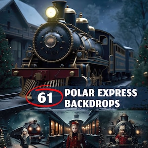 61 Polar Express Weihnachten Digital Backdrops für Kinder Porträt Fotografie Hintergrund Zusammengesetzter Schnee Zug Winterdorf Nordpol JPG