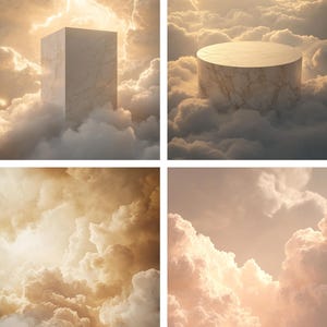 May include: Four different marble podiums in various shapes and sizes, all set against a backdrop of fluffy white clouds. The podiums are perfect for showcasing products or displaying artwork.