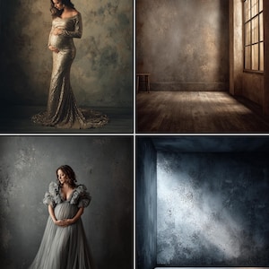 May include: Four images showcasing maternity gowns and studio backdrops. The first image features a woman in a gold sequined gown. The second image shows a rustic studio with a wooden floor and a window. The third image displays a woman in a gray tulle gown. The fourth image shows a dark, textured wall.