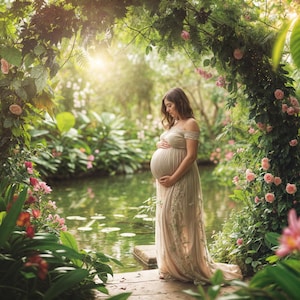 Könnte beinhalten: Eine schwangere Frau in einem langen, fließenden, schulterfreien, beigefarbenen Kleid mit Spitzendetails steht in einer üppigen Gartenlandschaft. Sie hält ihren Babybauch mit einer Hand und schaut ihn an. Der Garten ist voller Grün, Blumen und einem kleinen Teich mit Seerosen.
